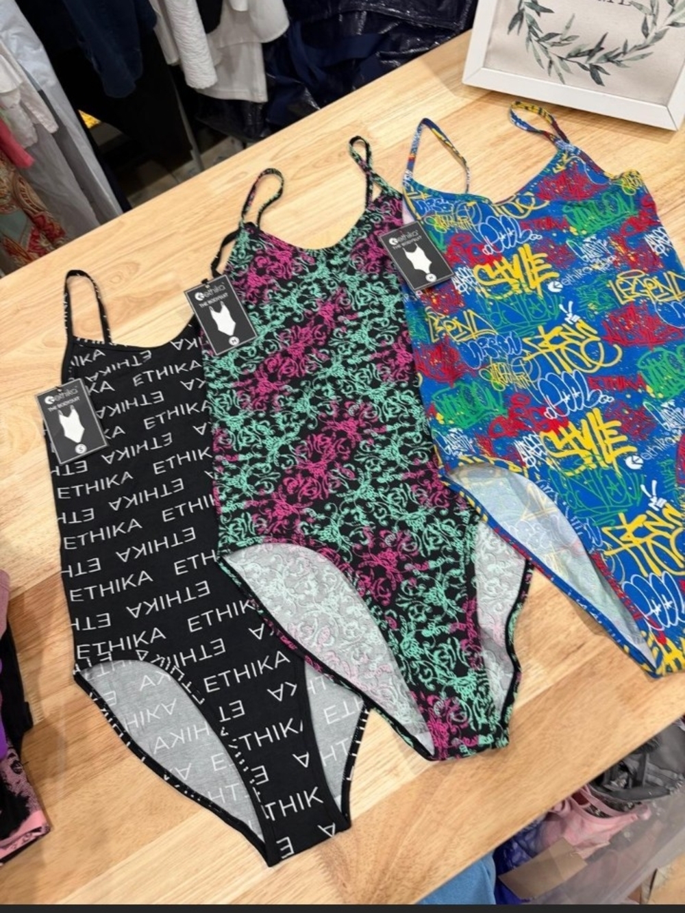 3-Ethika Lady's Bodysuits.Black Logo, Floral, Graffiti One-Piece Bodysuit